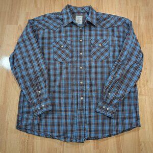 Rough Stock Plaid Western Shirt Mens XL Long Sleeve Snap Front Blue Brown